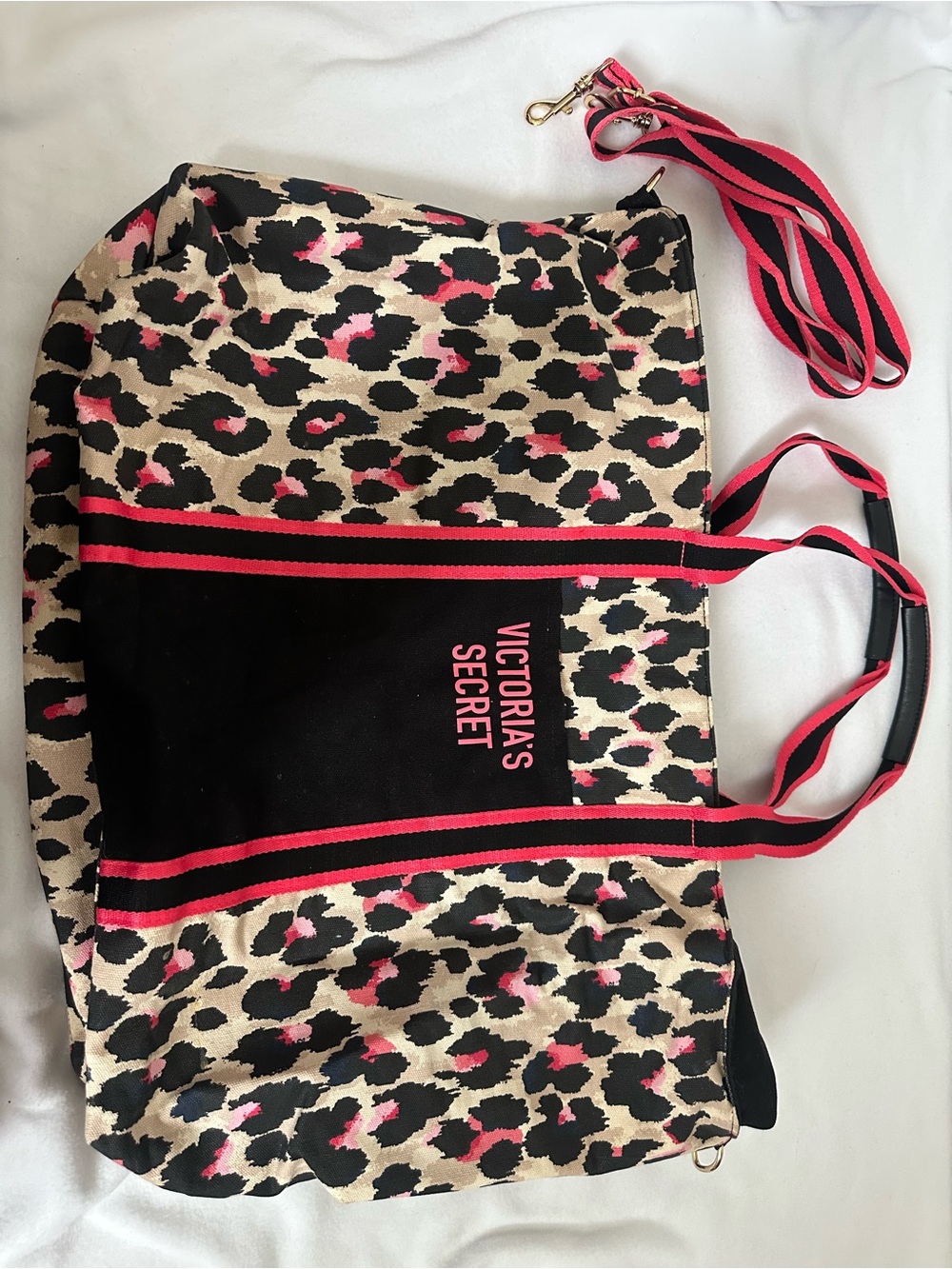 Victoria's Secret Black & Pink Leopard Canvas Tote with Removable Strap